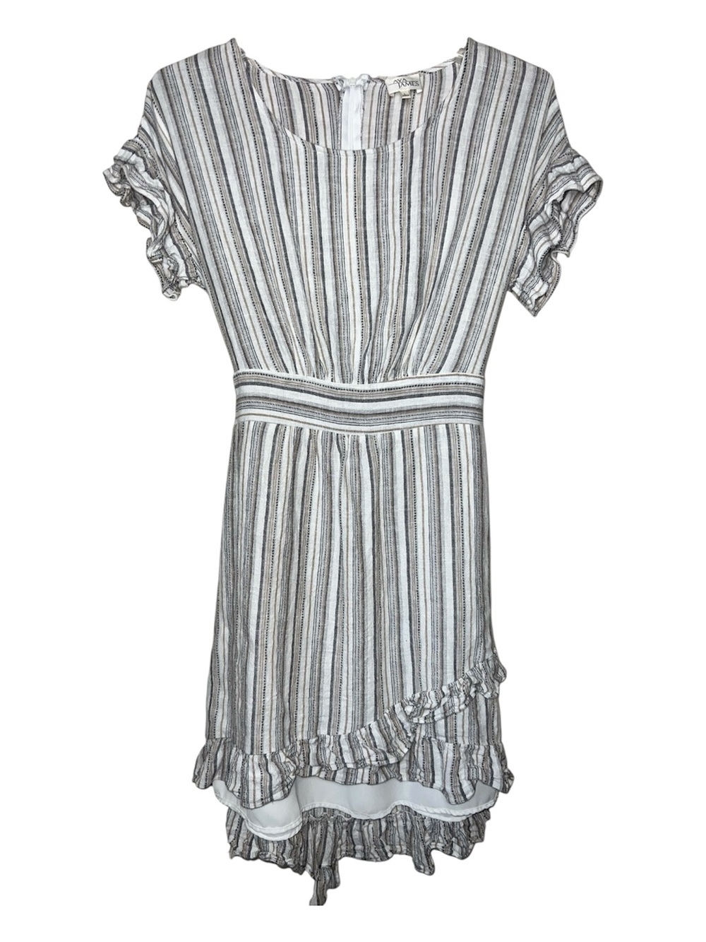 Ava James Linen Blend Striped Mini Dress Ruffle Hem Lined Size Large